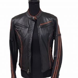 Harley Davidson Womens Leather Racing Jacket Black and Orange, Size Small